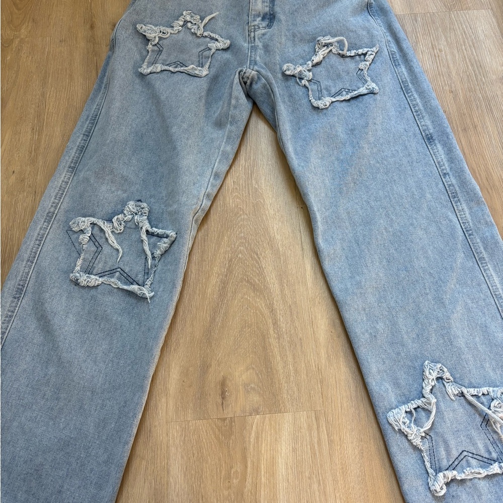 SHEIN Women's High Rise Star Patch Jeans - Light Blue